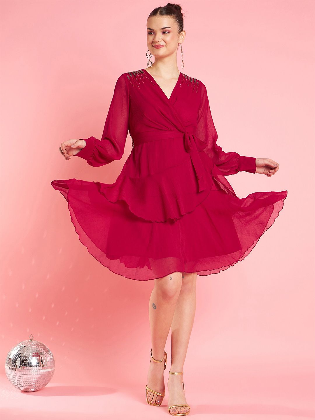 Antheaa Embellished Bell Sleeve Layered Chiffon Fit & Flare Party Dress