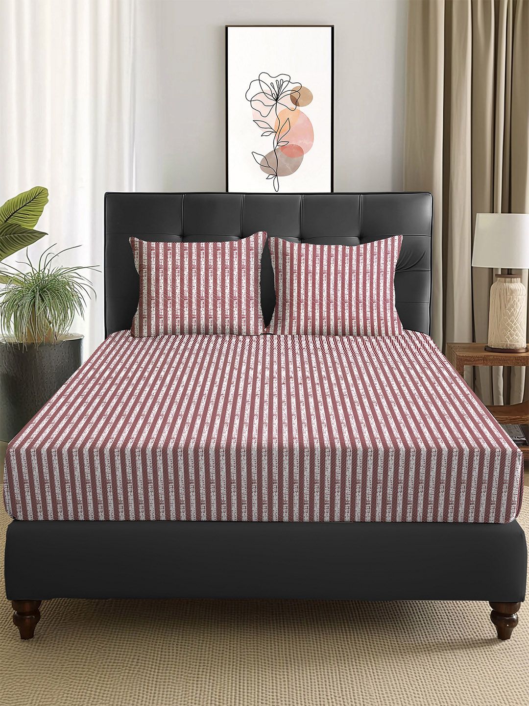 Story@home Arena Maroon & White Striped Microfiber 180 TC Queen Bedsheet & 2 Pillow Covers