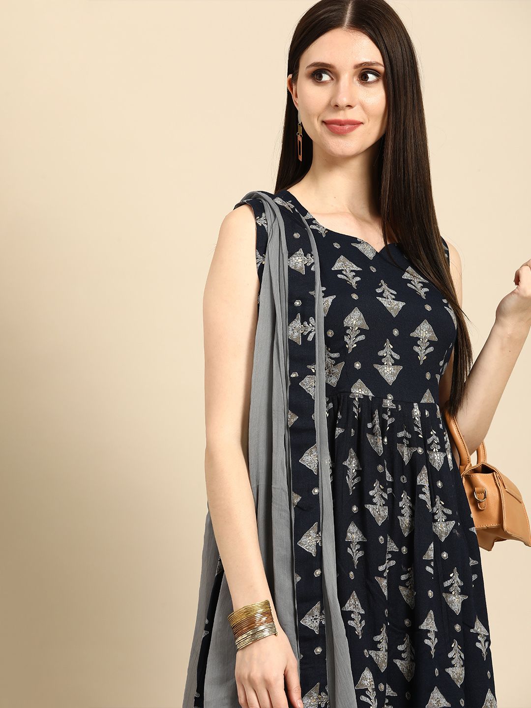 Anouk Women Navy Blue & Grey Ethnic Motifs Printed Kurta with Sharara & Dupatta