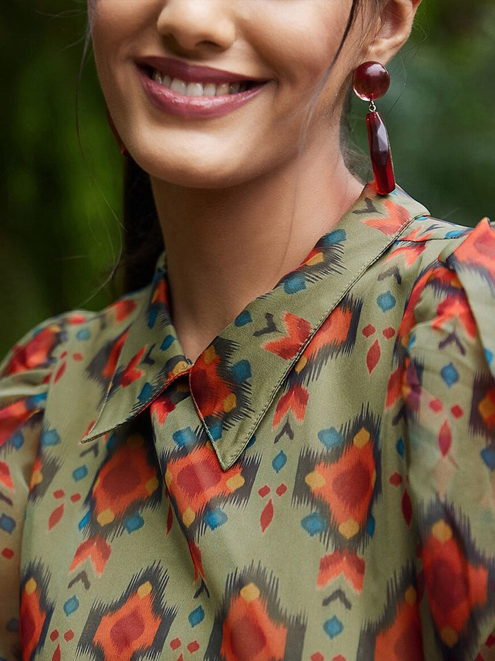 Athena Green & Rust Geometric Print Peplum Top