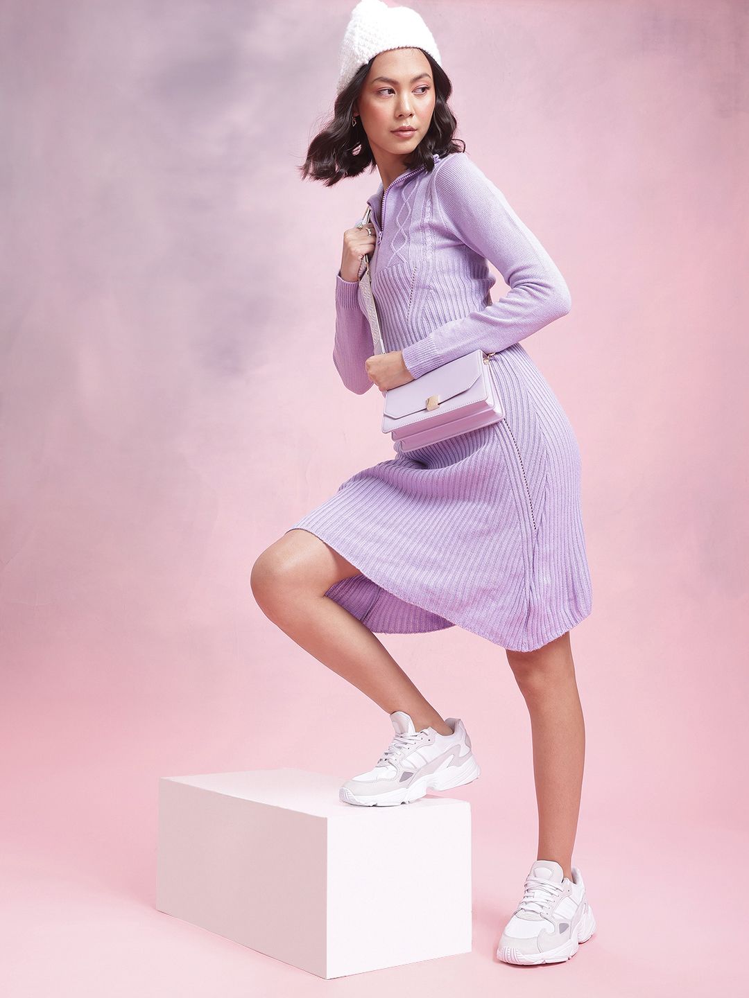 Pakaian Musim Sejuk Akrilik A-line Dressberry Half Zipper