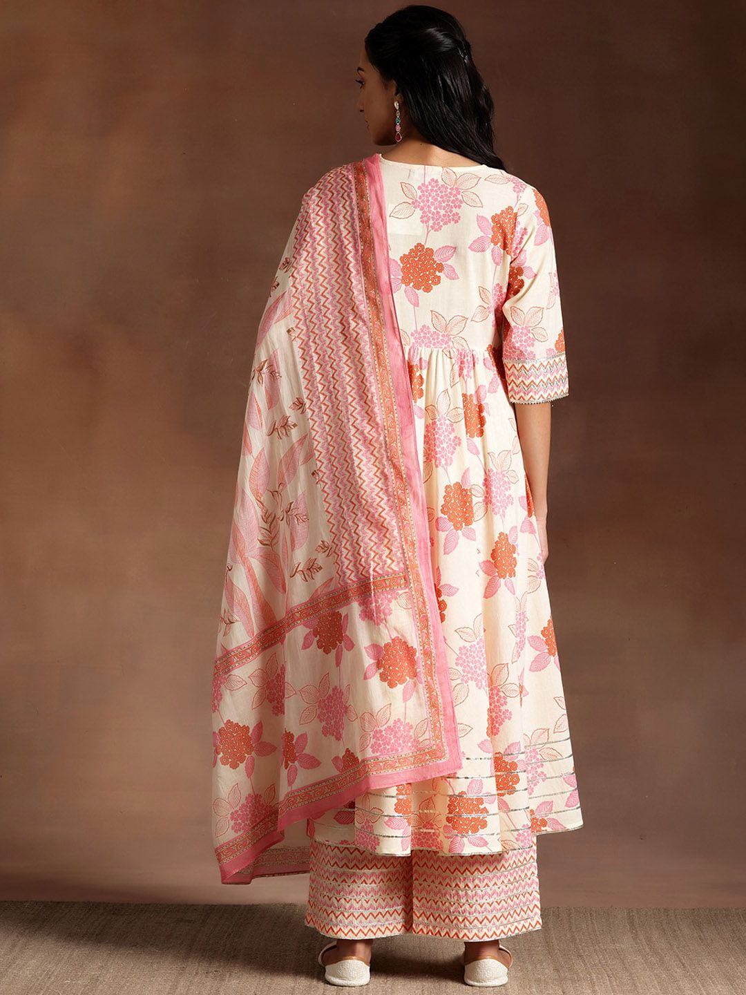Libas Floral Printed Pleated Gotta Patti Pure Cotton Kurta with Palazzo & Dupatta