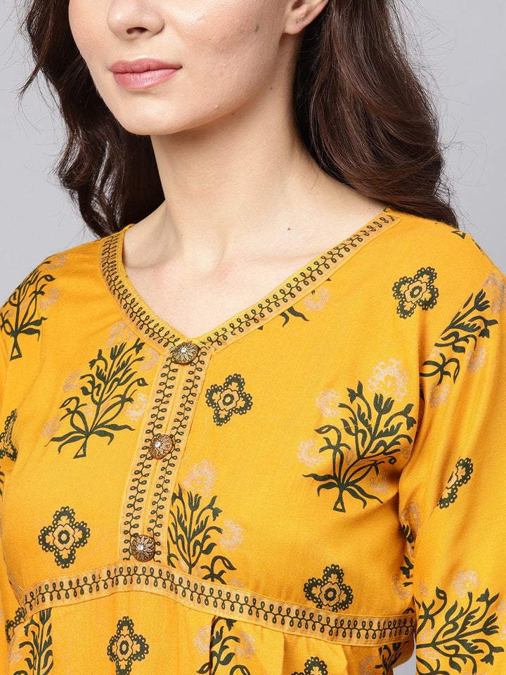 SOJANYA Kurta A-Line Bercetak Mustard Wanita Kuning & Hijau