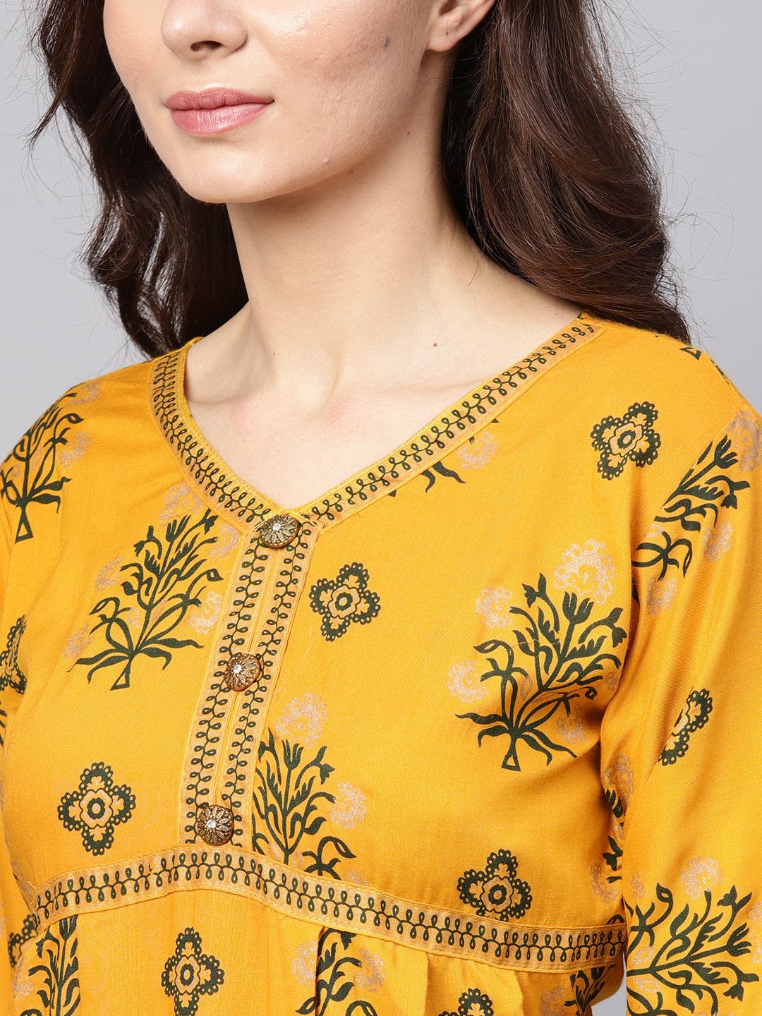 SOJANYA Kurta A-Line Bercetak Mustard Wanita Kuning & Hijau