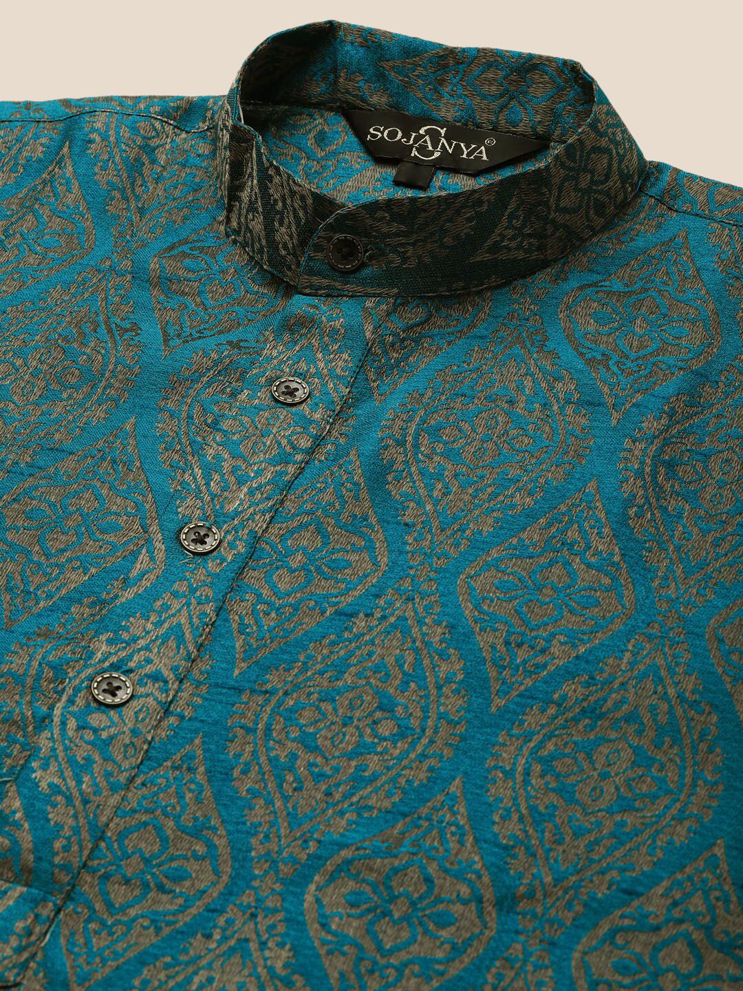 SOJANYA Men Teal Ethnic Motifs Regular Kurta with Churidar