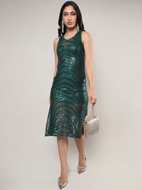 Green Striped Sleeveless Midi Party Dress