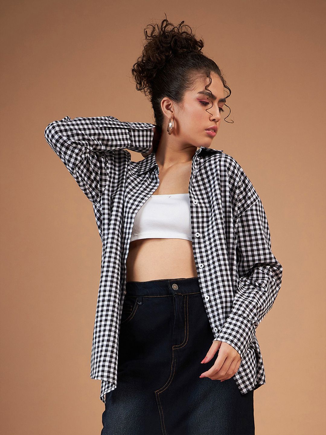 SASSAFRAS Spread Collar Checked Oversized Casual Pure Cotton Shirt