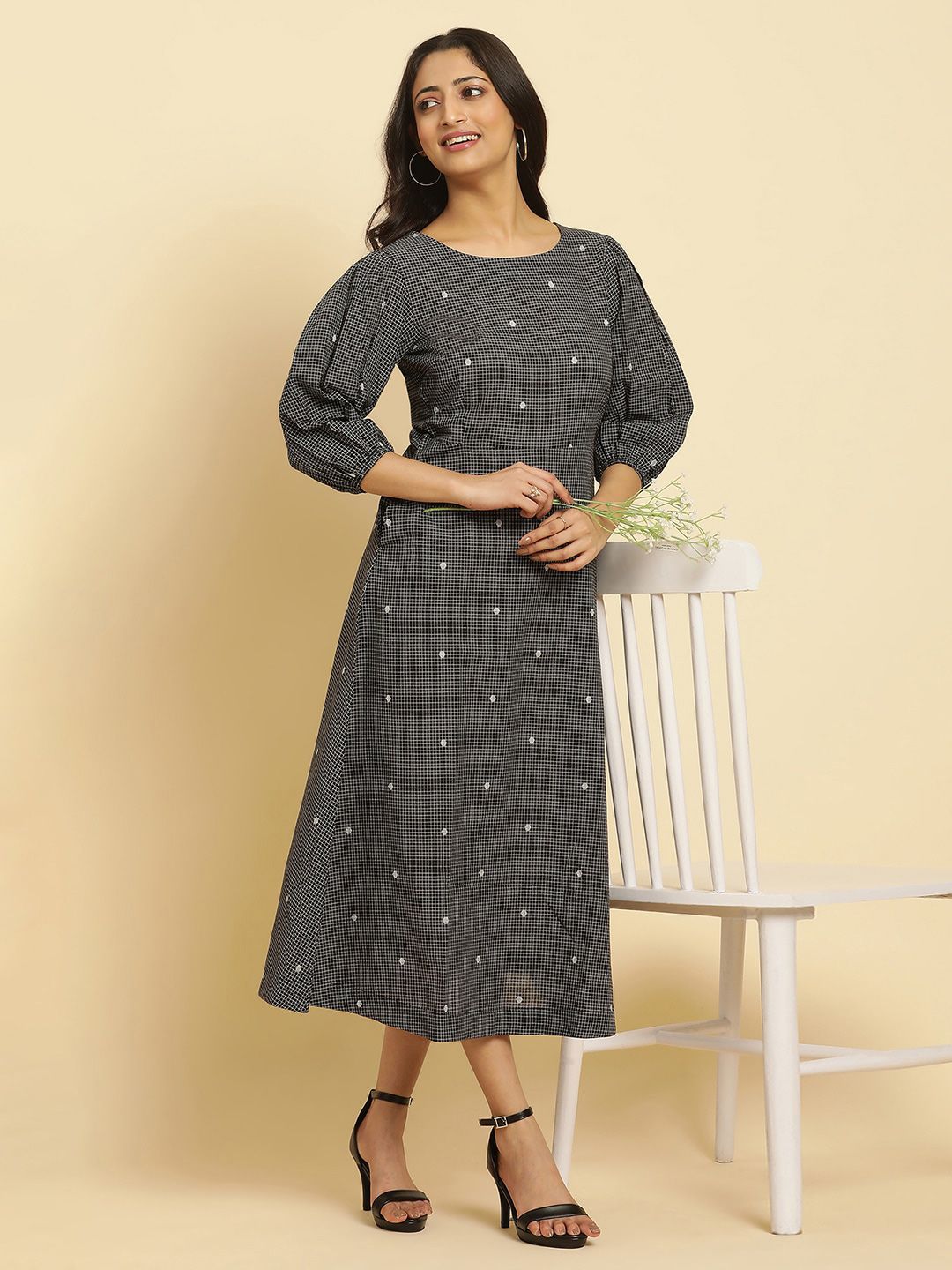 W Checked Puff Sleeves A-Line Pure Cotton Midi Dress