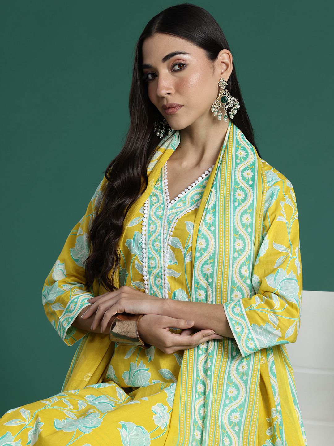 Indo Era Women Floral Printed Regular Pure Cotton Kurta with Trousers & With Dupatta