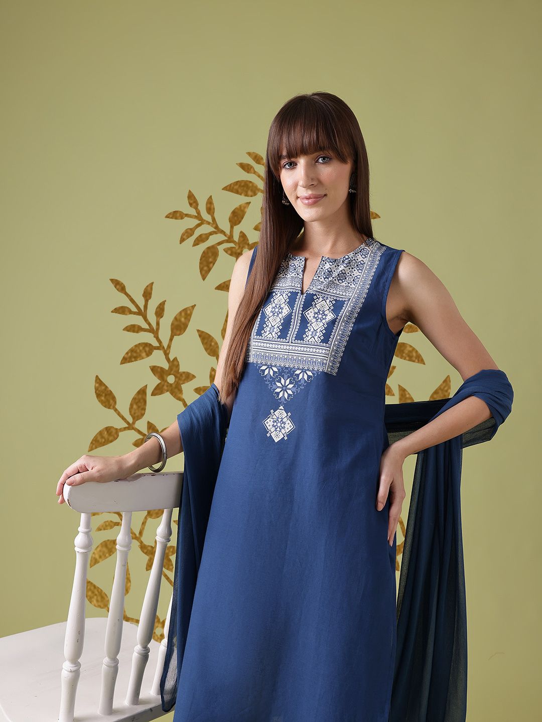 Anouk Ethnic Motifs Yoke Design Pure Cotton Kurta with Trousers & Dupatta