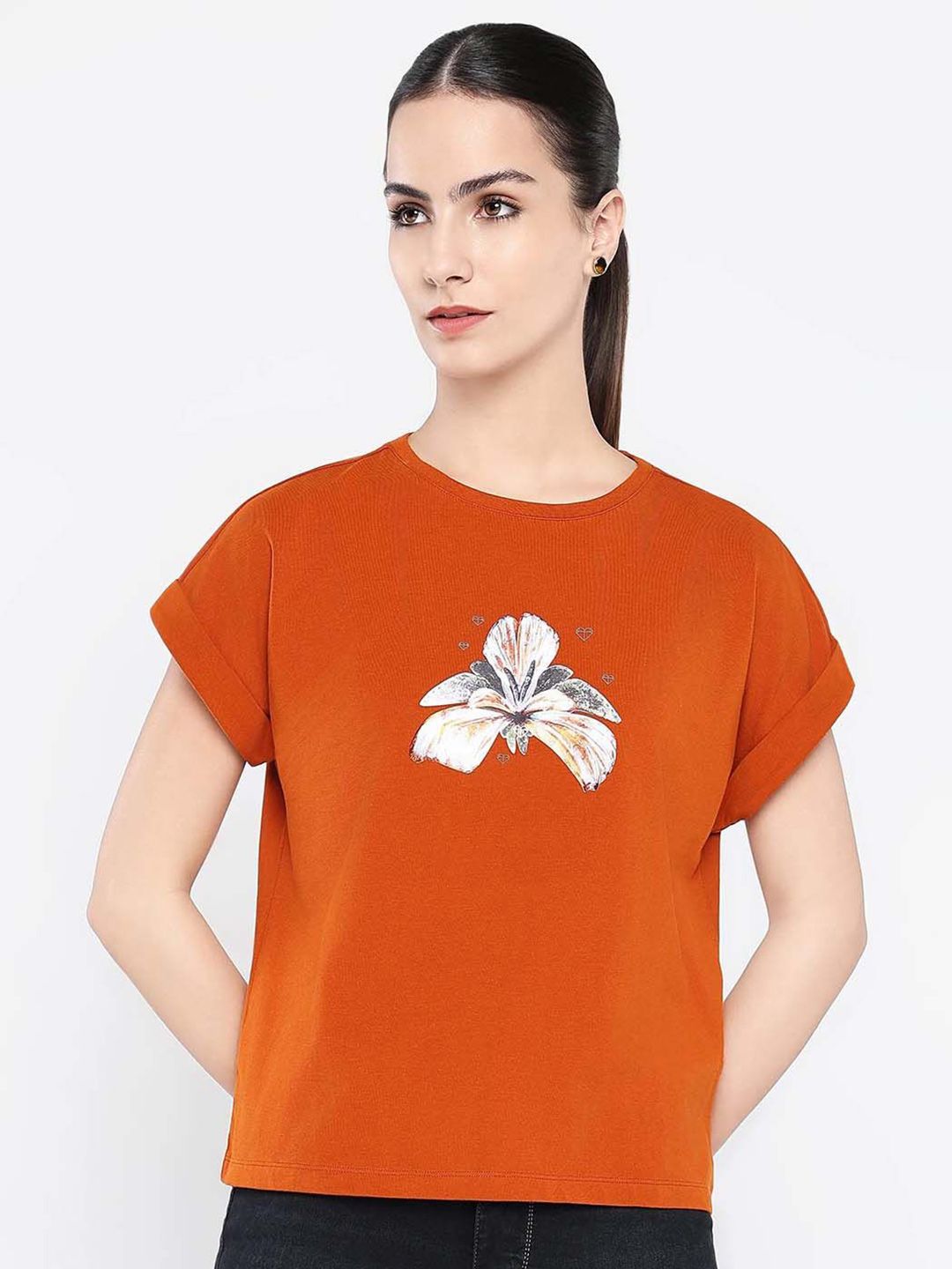 Rareism Wanita Grafik Bercetak Kapas Leher Pusingan T-shirt Santai
