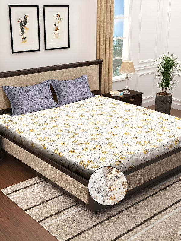 KLOTTHE Floral Printed 300TC Super King Fitted Bedsheet With 2 Pillow Covers