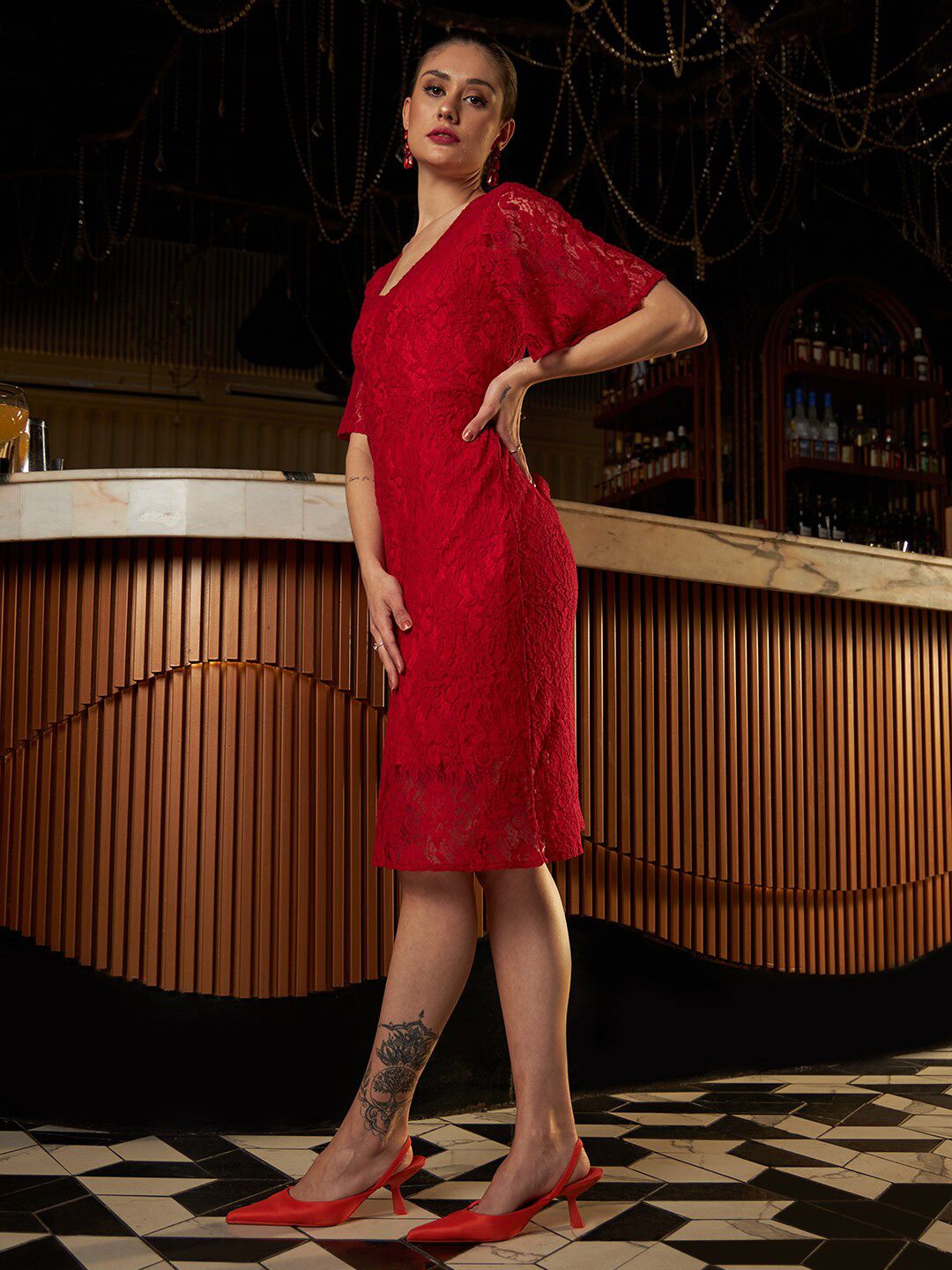 Athena Self Design Bell Sleeves Lace A-Line Dress