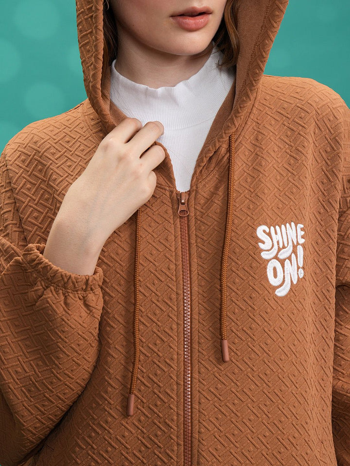 Tokyo Talkies Brown Self-Design Hooded Jacket With Track Pant Co-Ords