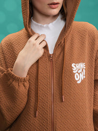 Tokyo Talkies Brown Self-Design Hooded Jacket With Track Pant Co-Ords