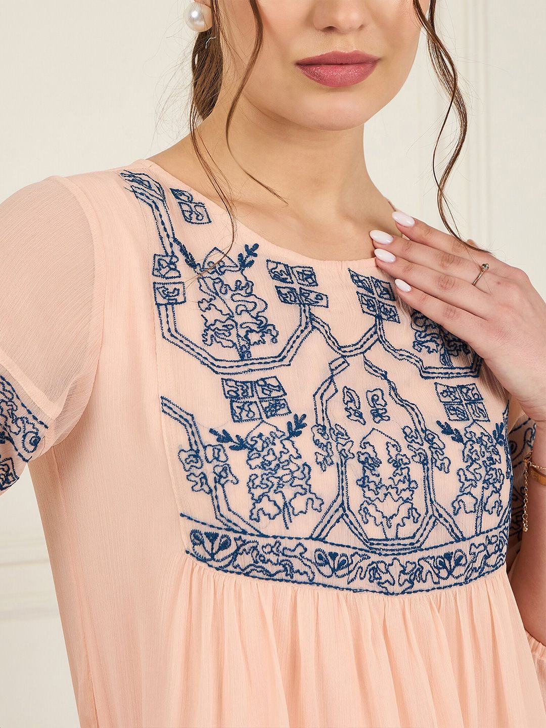 Antheaa Geometric Embroidered Puff Sleeve Chiffon A-Line Top