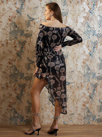 Athena Black Abstract Printed Off Shoulder Sequinned A-Line Dress