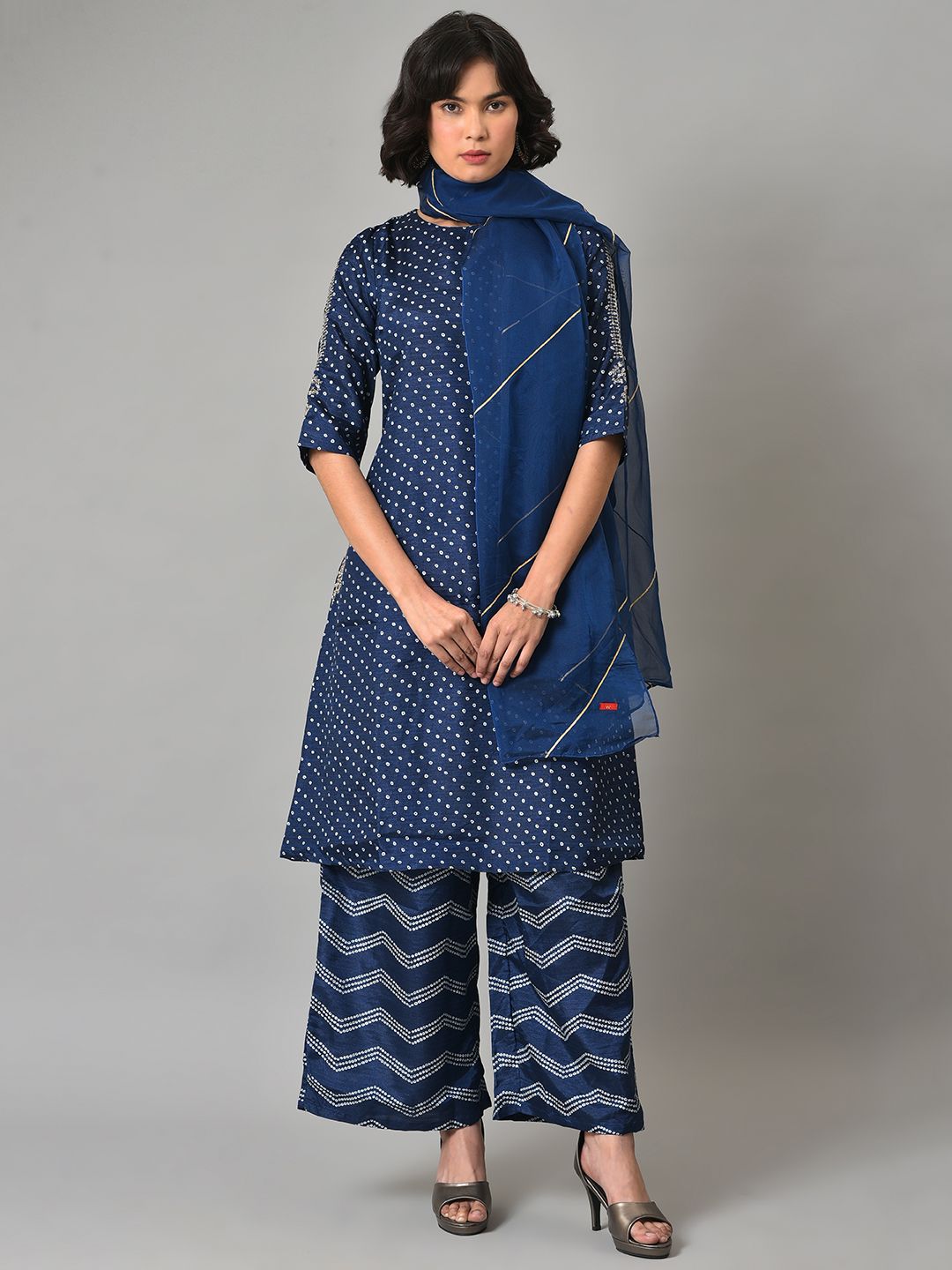 W Festive Bandhani Print Silk Kurta With Palazzos & Dupatta