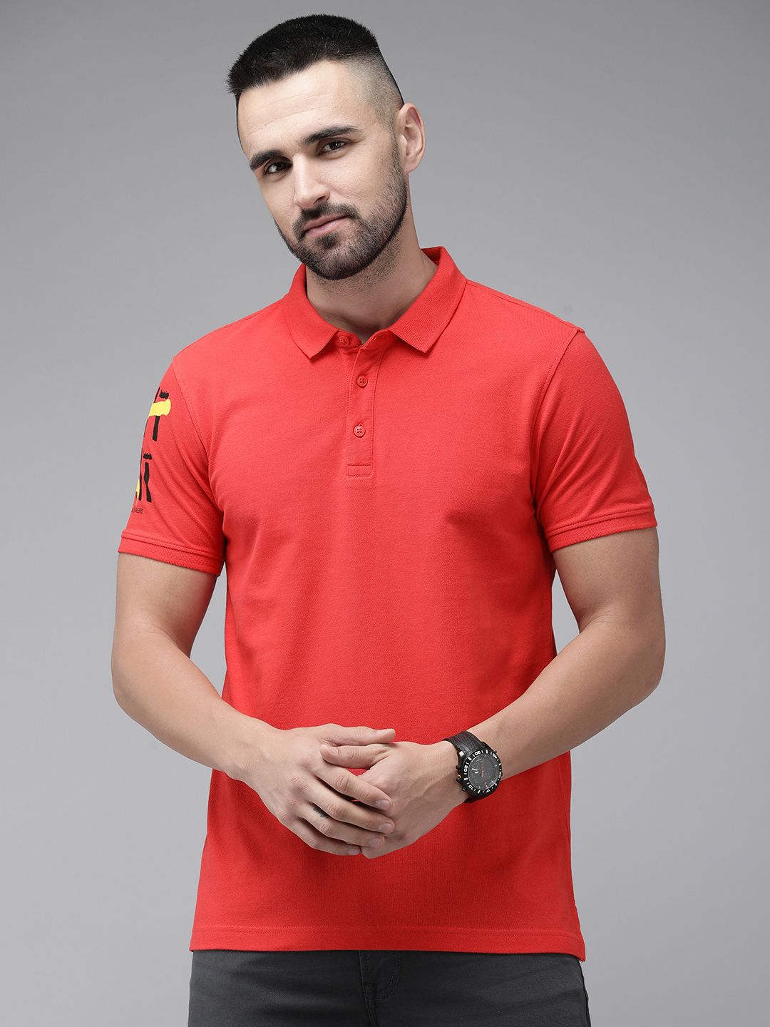 SPYKAR Pure Cotton Typography Printed Polo Collar Slim Fit T-shirt
