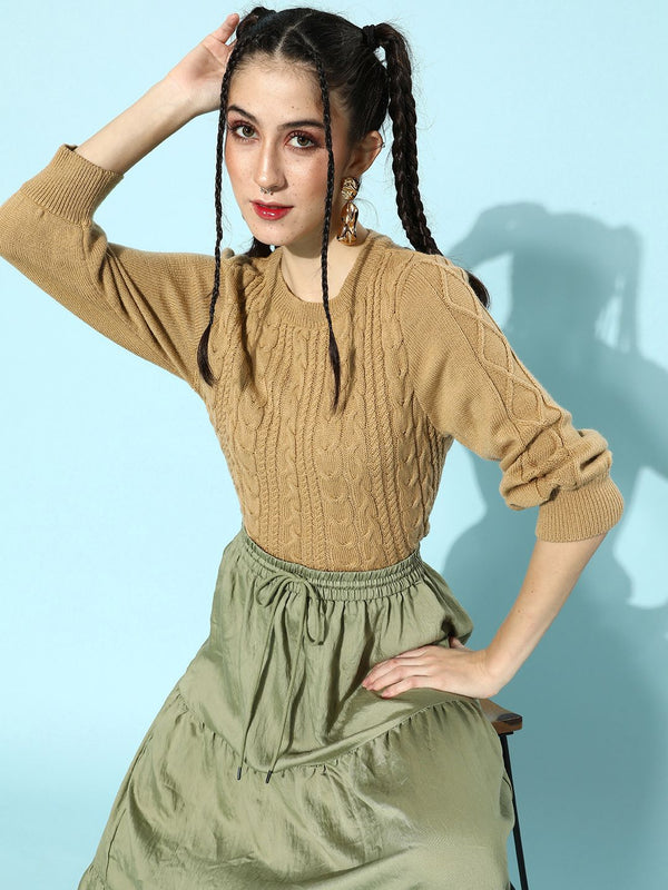 STREET 9 Women Khaki-Coloured Cable Knit Acrylic Pullover