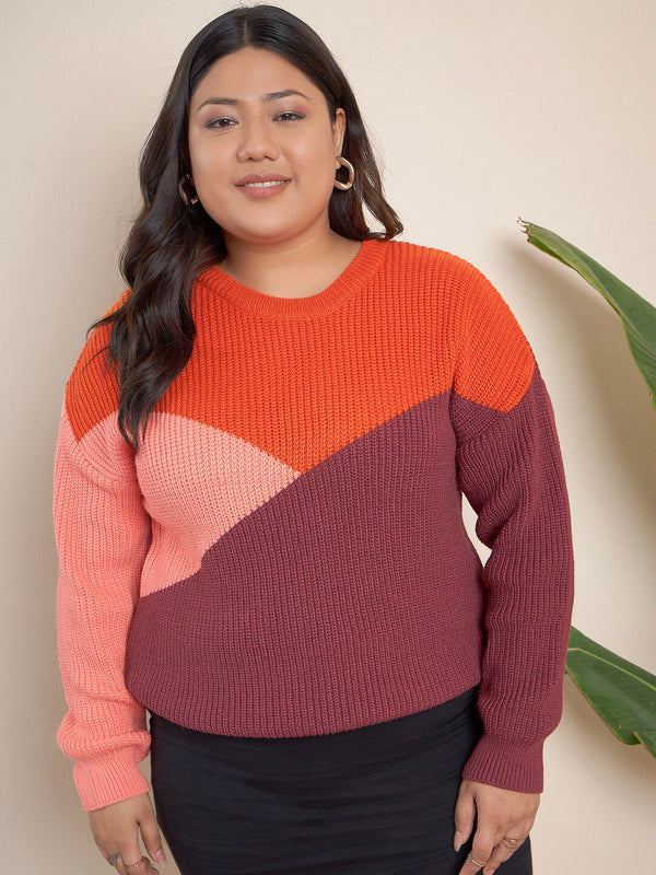 CURVY STREET Plus Size Colourblocked Acrylic Pullover