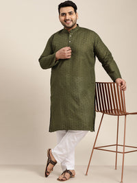 SOJANYA PLUS Size Men Olive Green Geometric Embroidered Pure Cotton Kurta