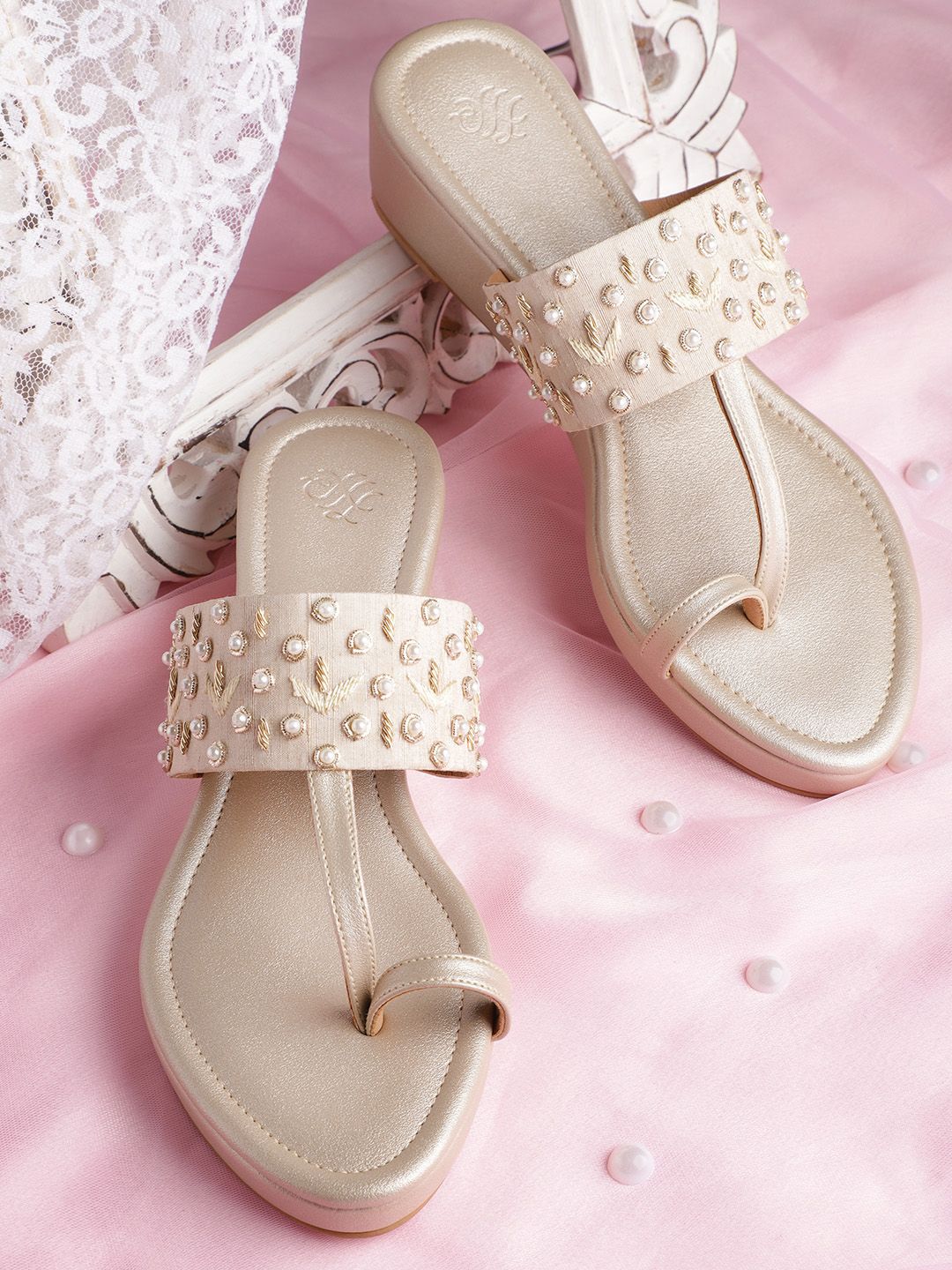 House of Pataudi Women Beige & Off-White Beaded & Embellished Handcrafted Wedges