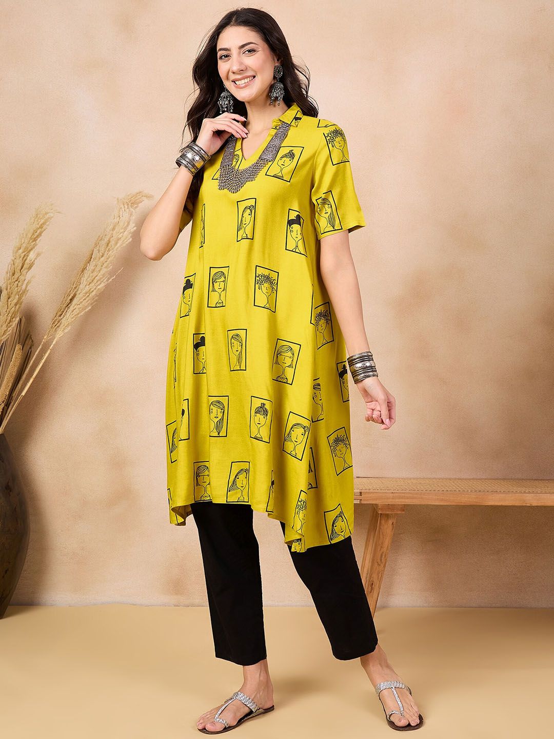 Anouk Mustard Yellow Ethnic Motifs Dicetak Shirt Collar A-Line Kurta