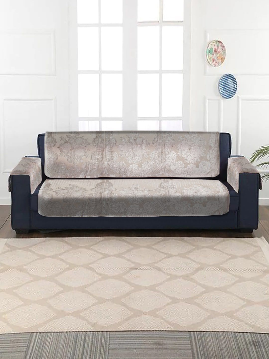 HOSTA HOMES Grey Set of 16 Jacquard Velvet 5 Seater Sofa Cover with Arm Rest