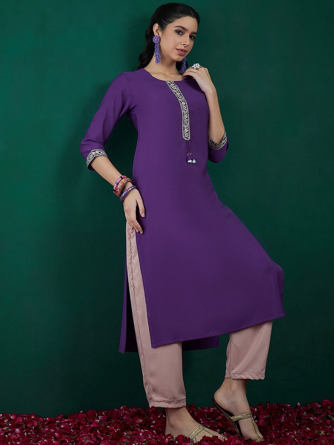 Indo Era Purple Ethnic Motifs Yoke Design Thread Work Chanderi Silk Straight Kurta