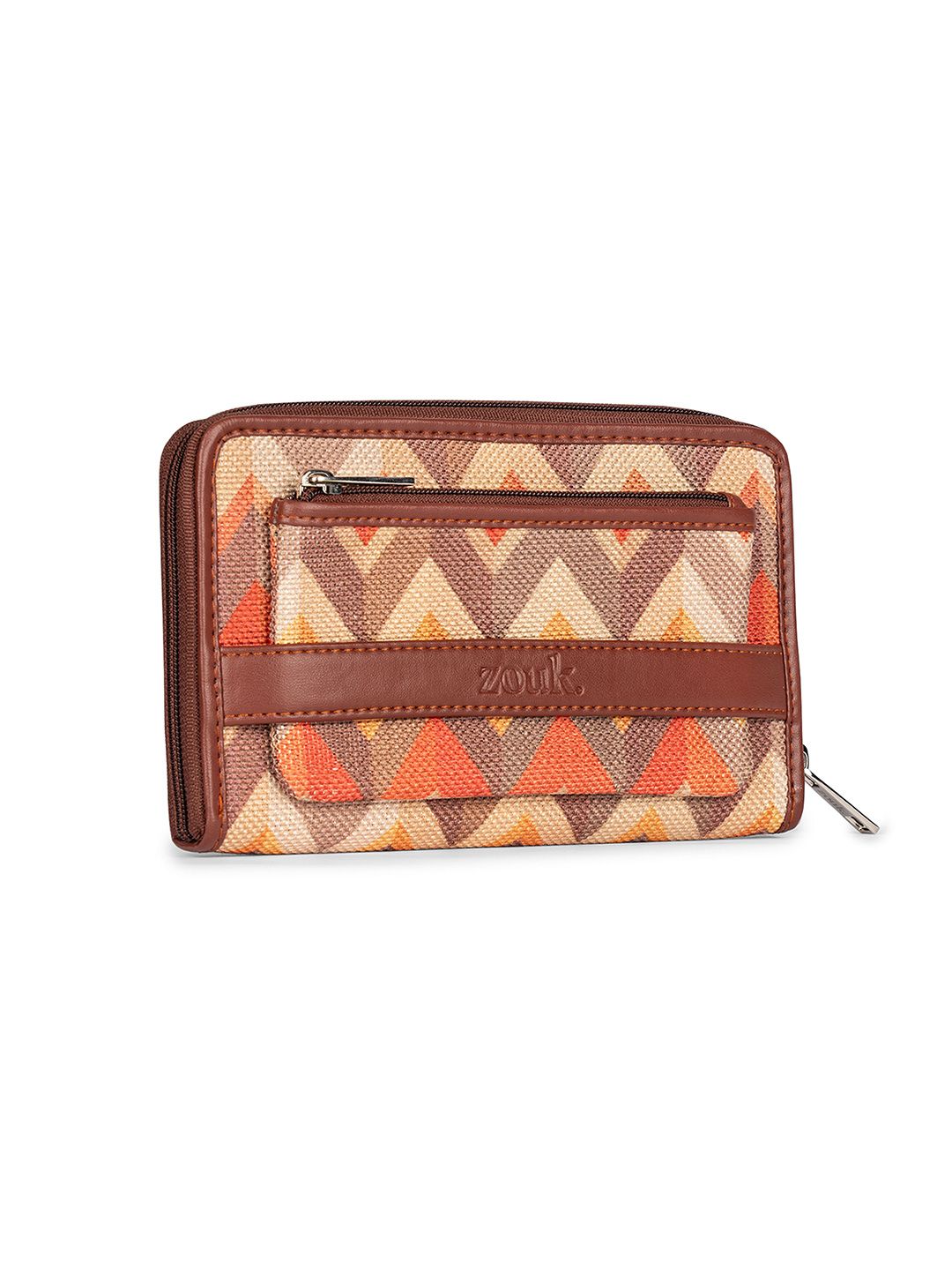 ZOUK Women Orange & Brown Printed Vegan Leather Zip Around Wallet