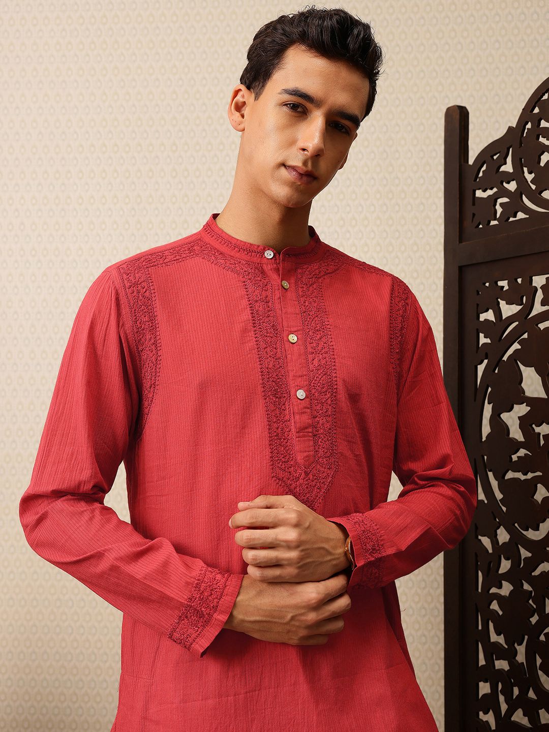 House of Pataudi Striped & Embroidered Pure Cotton Jashn Kurta with Trousers