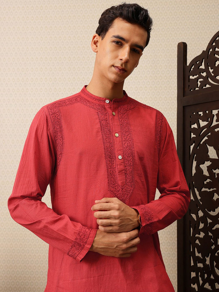 House of Pataudi Striped & Embroidered Pure Cotton Jashn Kurta with Trousers