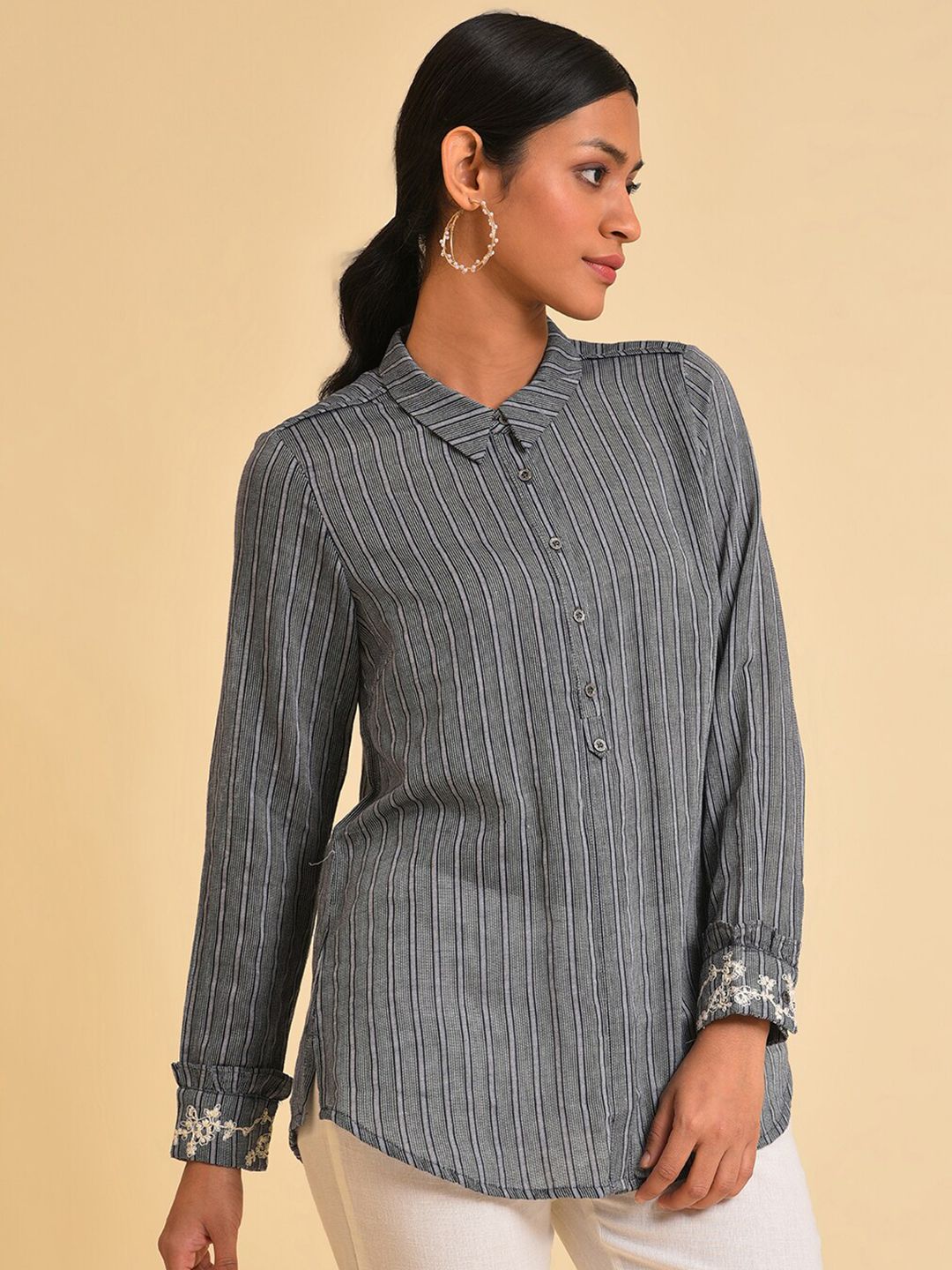 W Grey Striped Embroidered Pure Cotton Shirt Style Top