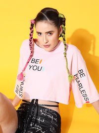 STREET 9 Women Pink Printed Cotton Drop-Shoulder Sleeves Bio Finish Boxy T-shirt