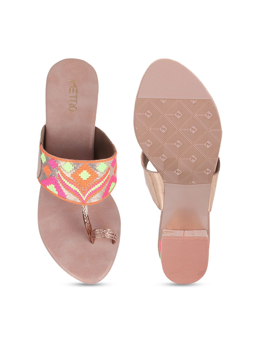 Metro Ethnic Embellished Woven Design Open One Toe Block Heels
