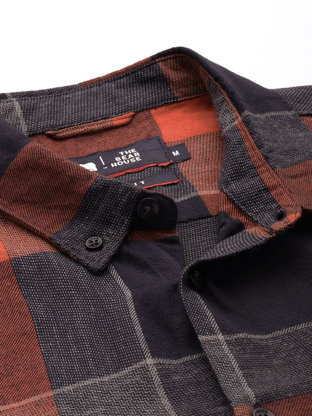 THE BEAR HOUSE Men Orange & Navy Blue Pure Cotton Slim Fit Buffalo Checked Casual Shirt