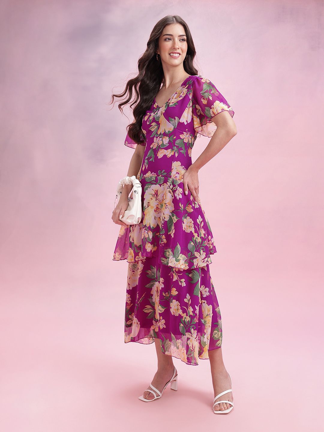 DressBerry Floral Print Flared Sleeve Layered A-Line Maxi Dress