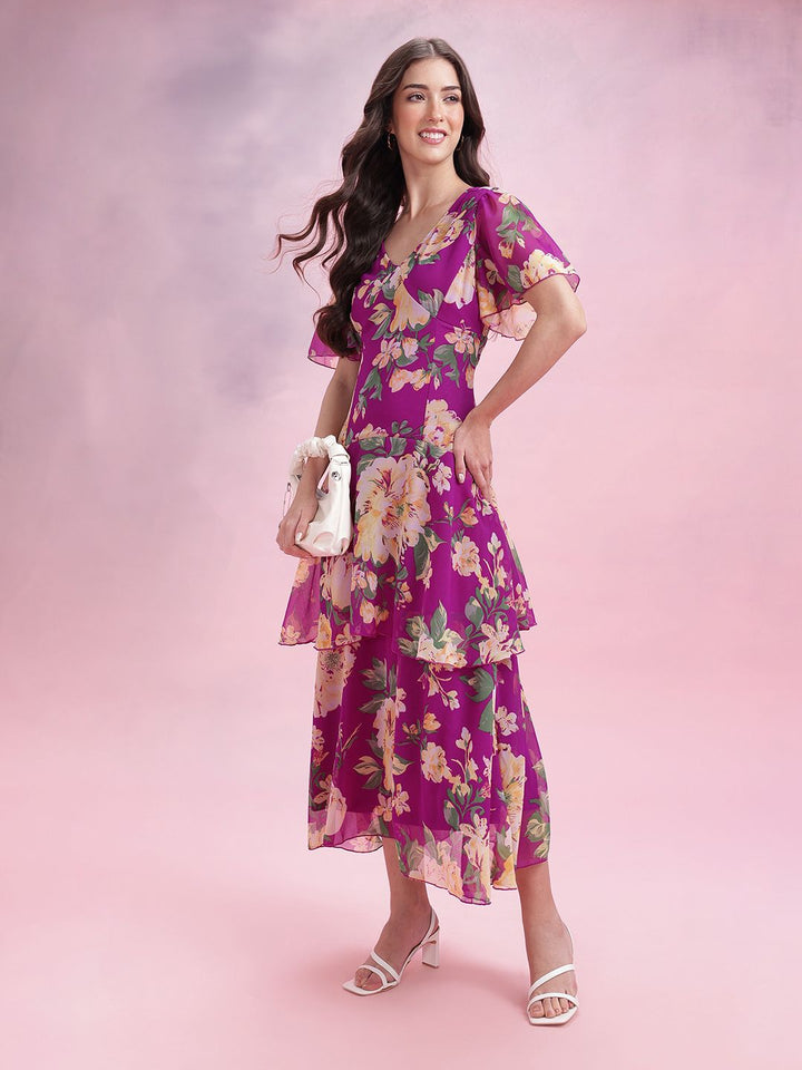 DressBerry Floral Print Flared Sleeve Layered A-Line Maxi Dress