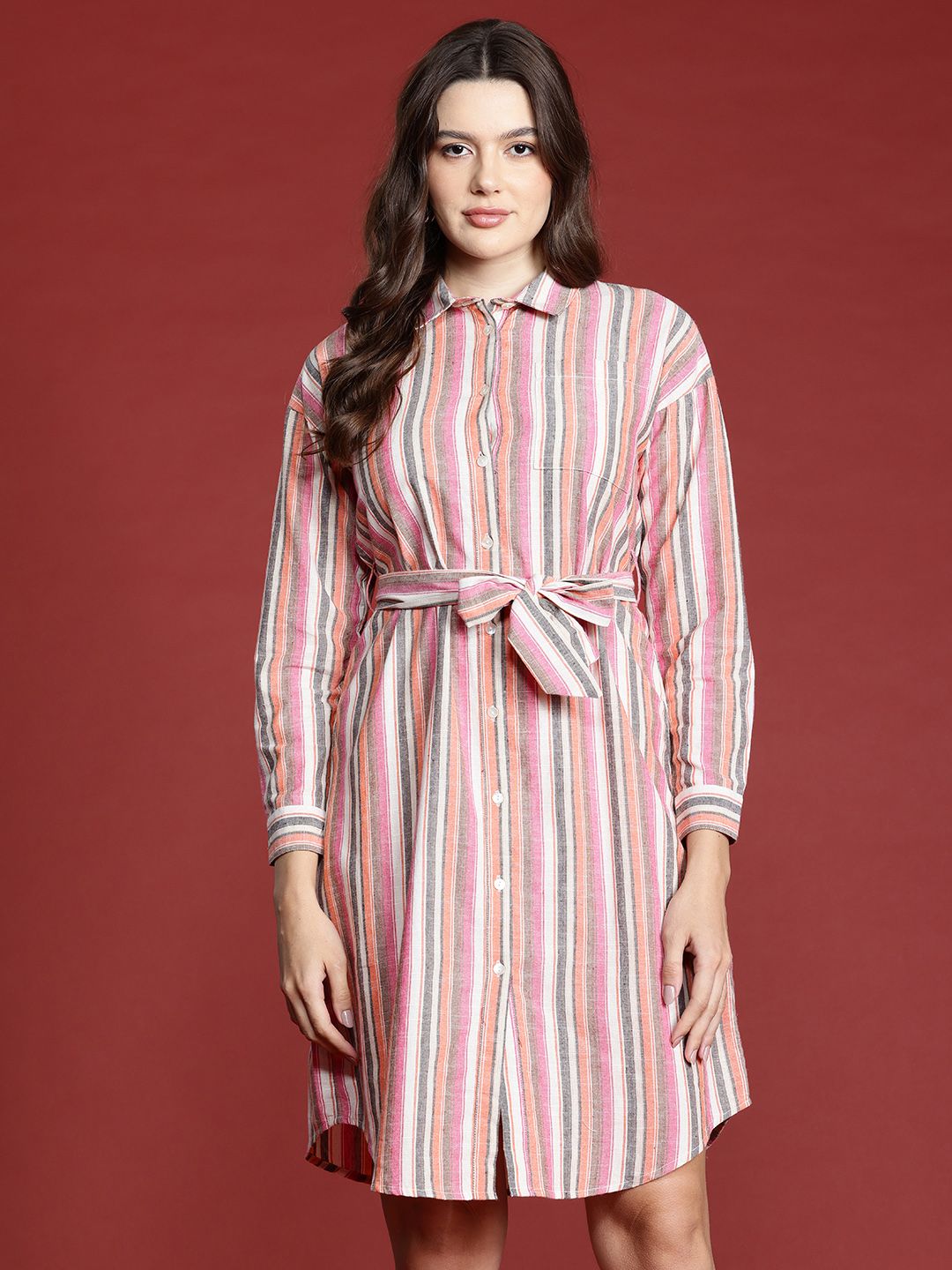 all about you Pure Cotton Striped Shirt Dress with Belt