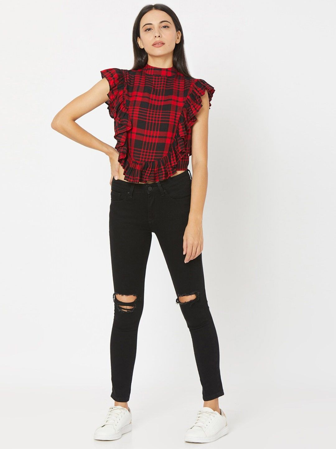 SPYKAR Red Checked Styled Back Crop Top