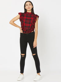 SPYKAR Red Checked Styled Back Crop Top