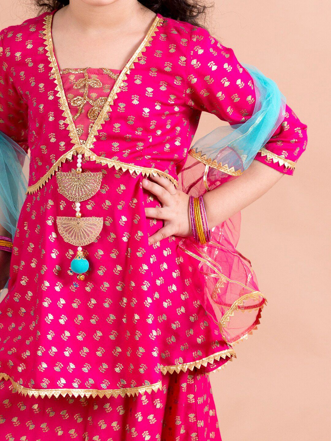 pspeaches Girls Magenta & Blue Printed Ready to Wear Lehenga & Blouse With Dupatta
