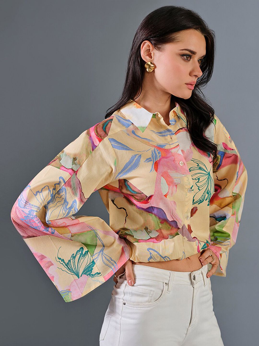 AND Floral Print Flared Sleeve Cotton Cape Top