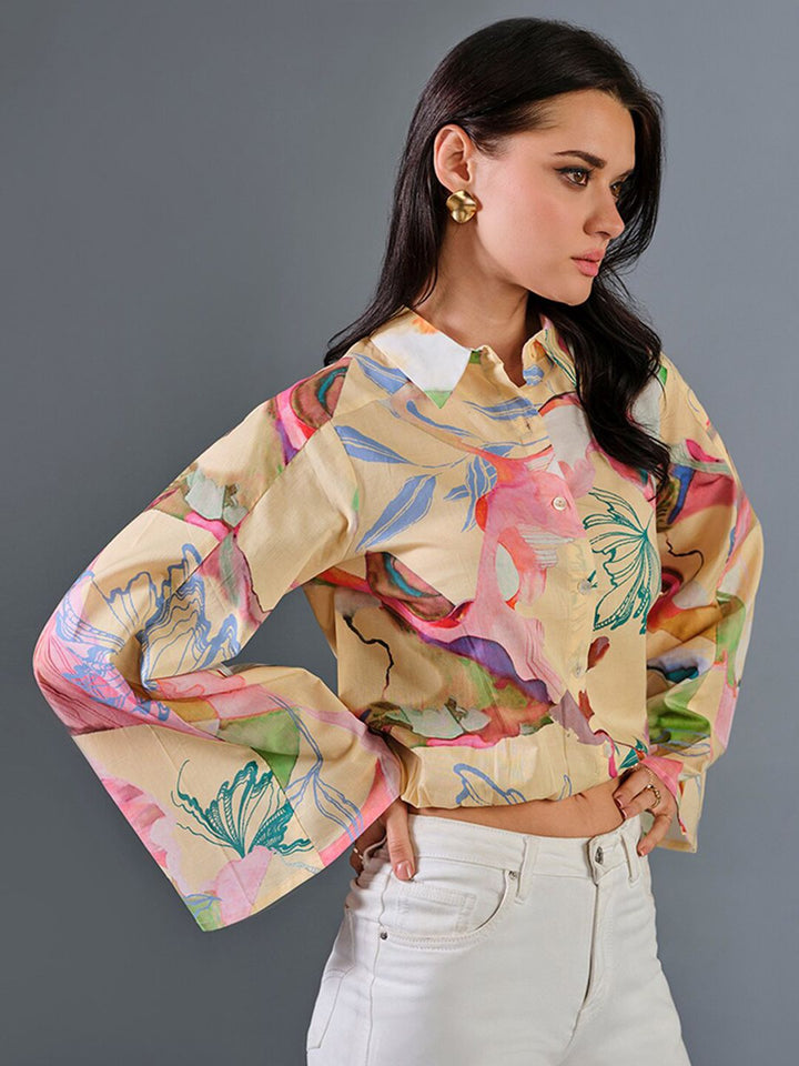 AND Floral Print Flared Sleeve Cotton Cape Top