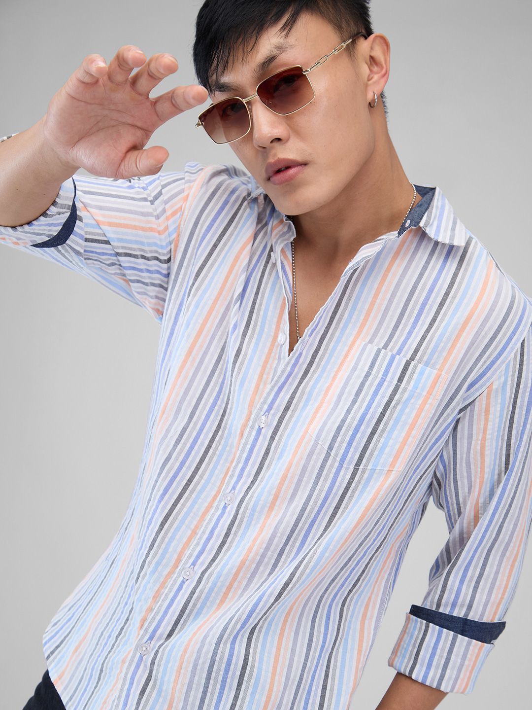 VASTRADO Men Classic Cutaway Collar Vertical Striped Cotton Slim Fit Casual Shirt