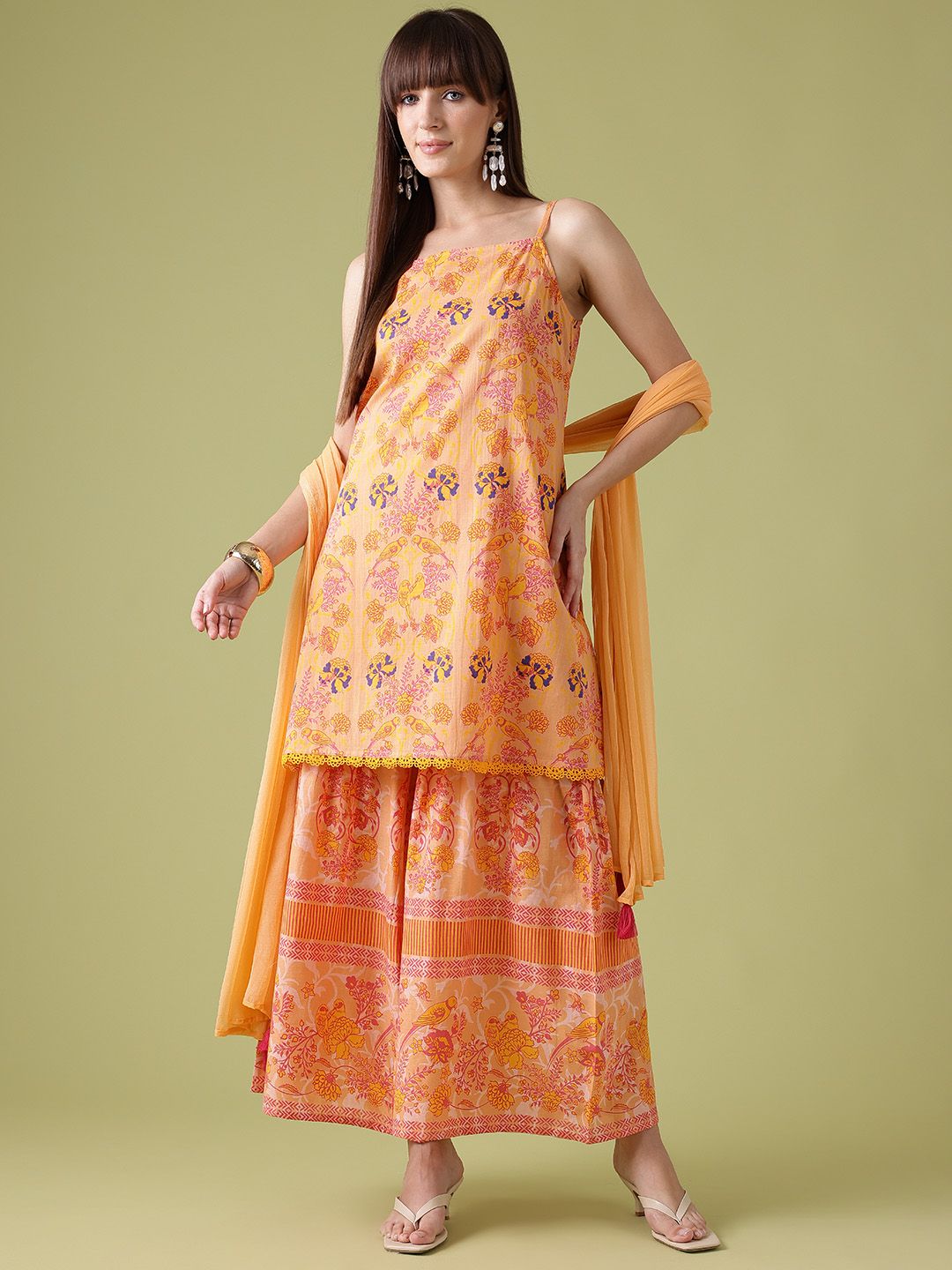 Anouk Ethnic Motifs Printed Lace Inserts Kurta with Sharara & With Dupatta