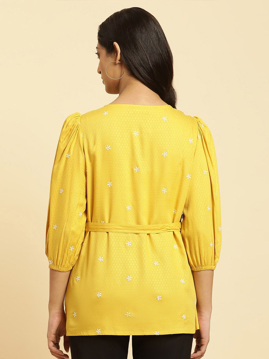 W Floral Embroidered Cinched Waist Top