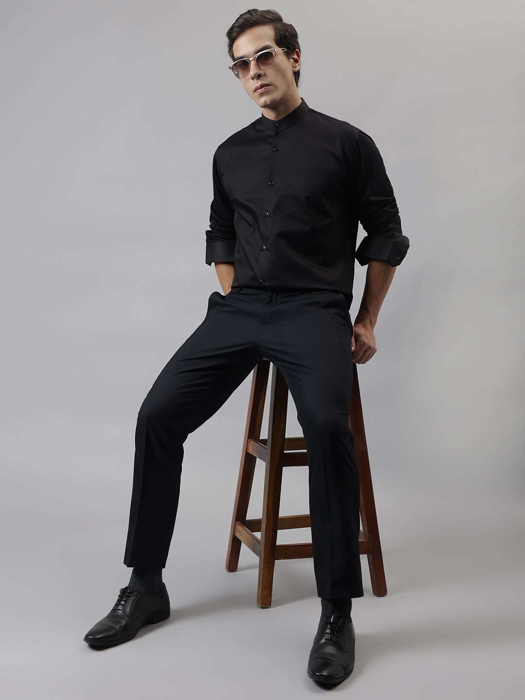 Hancock Men Black Solid Satin Slim Fit Pure Cotton Tuxedo Formal Shirt