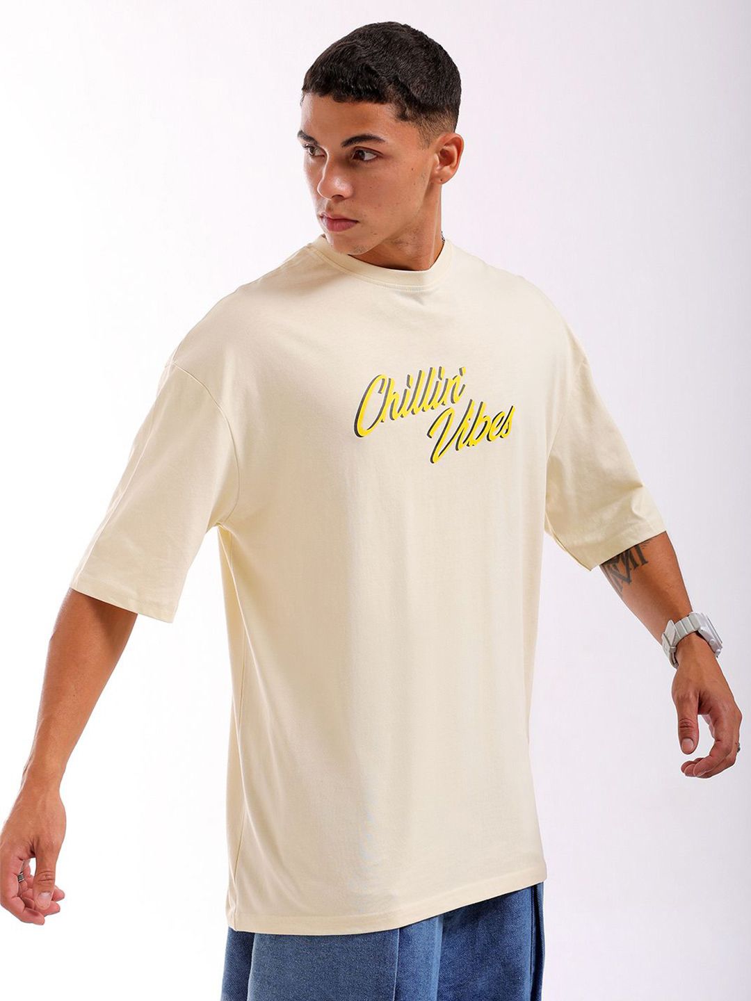 The Indian Garage Co Men Back Printed Oversized Round Neck Pure Cotton T-shirt